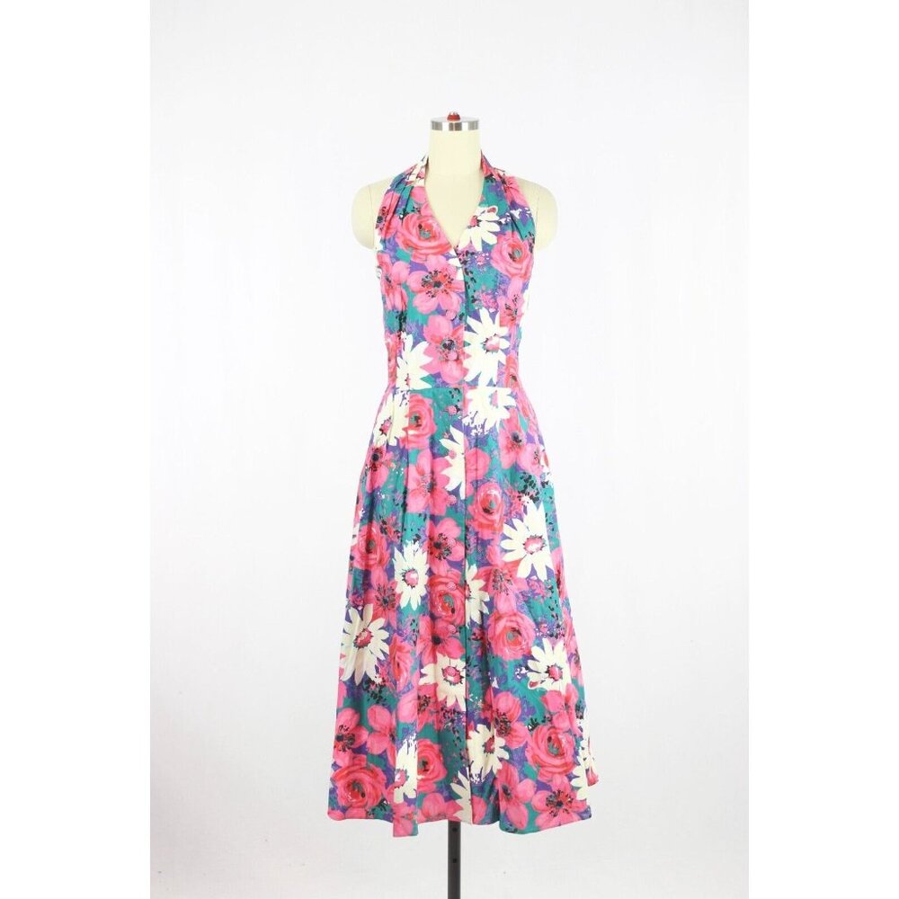 Vintage 80's CANNES Pink Floral Cotton Canvas Halter Midi Circle Dress, Size 14 - Picture 2 of 15